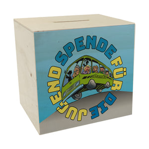 Omnibus Spardose mit Spruch: Spende für die Jugend. Danke