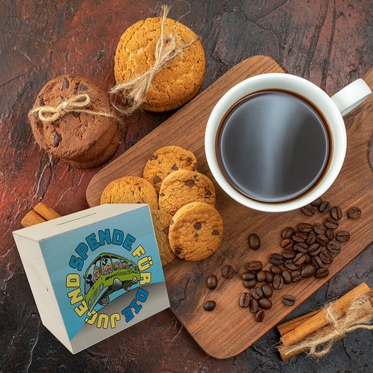 Omnibus Spardose mit Spruch: Spende für die Jugend. Danke