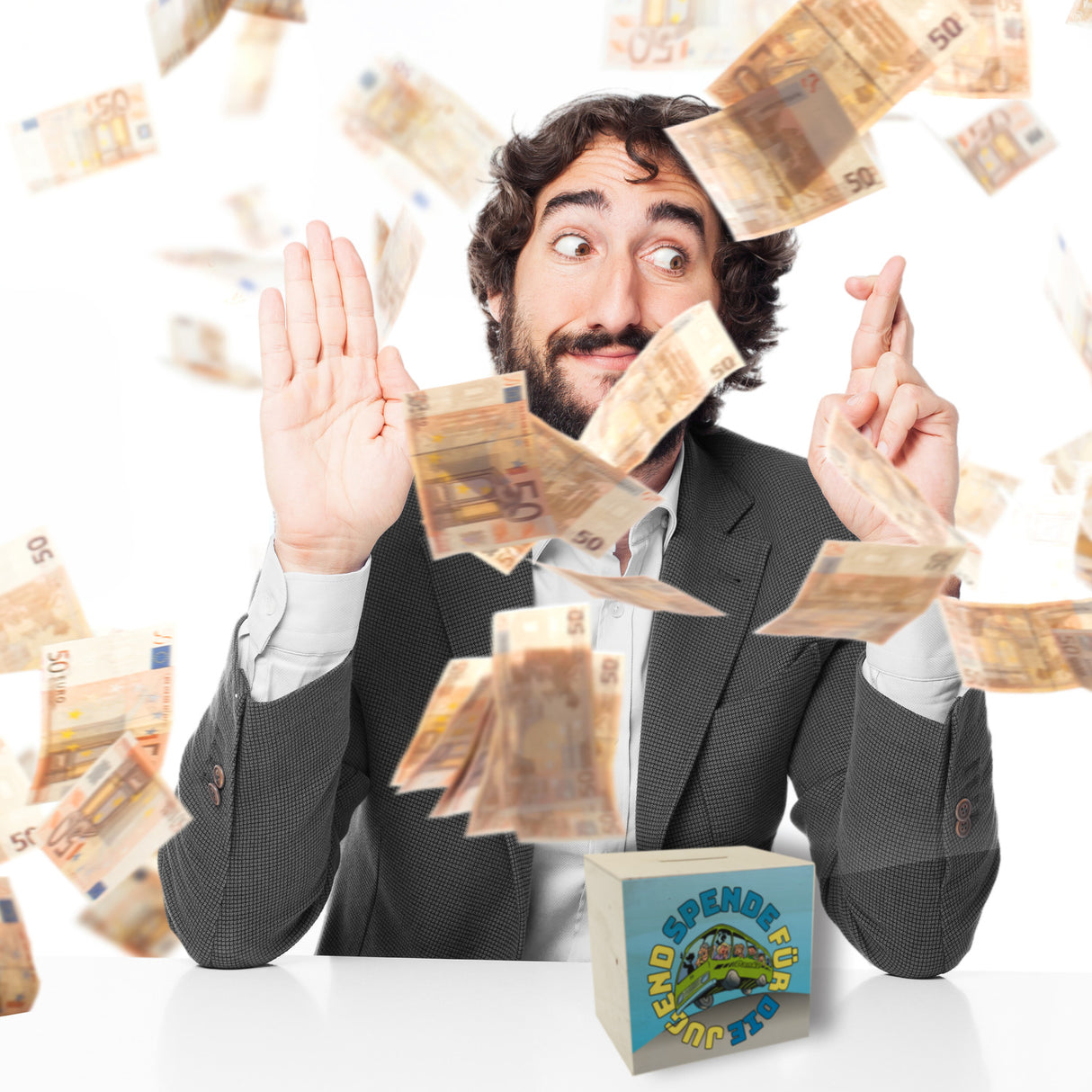 Omnibus Spardose mit Spruch: Spende für die Jugend. Danke