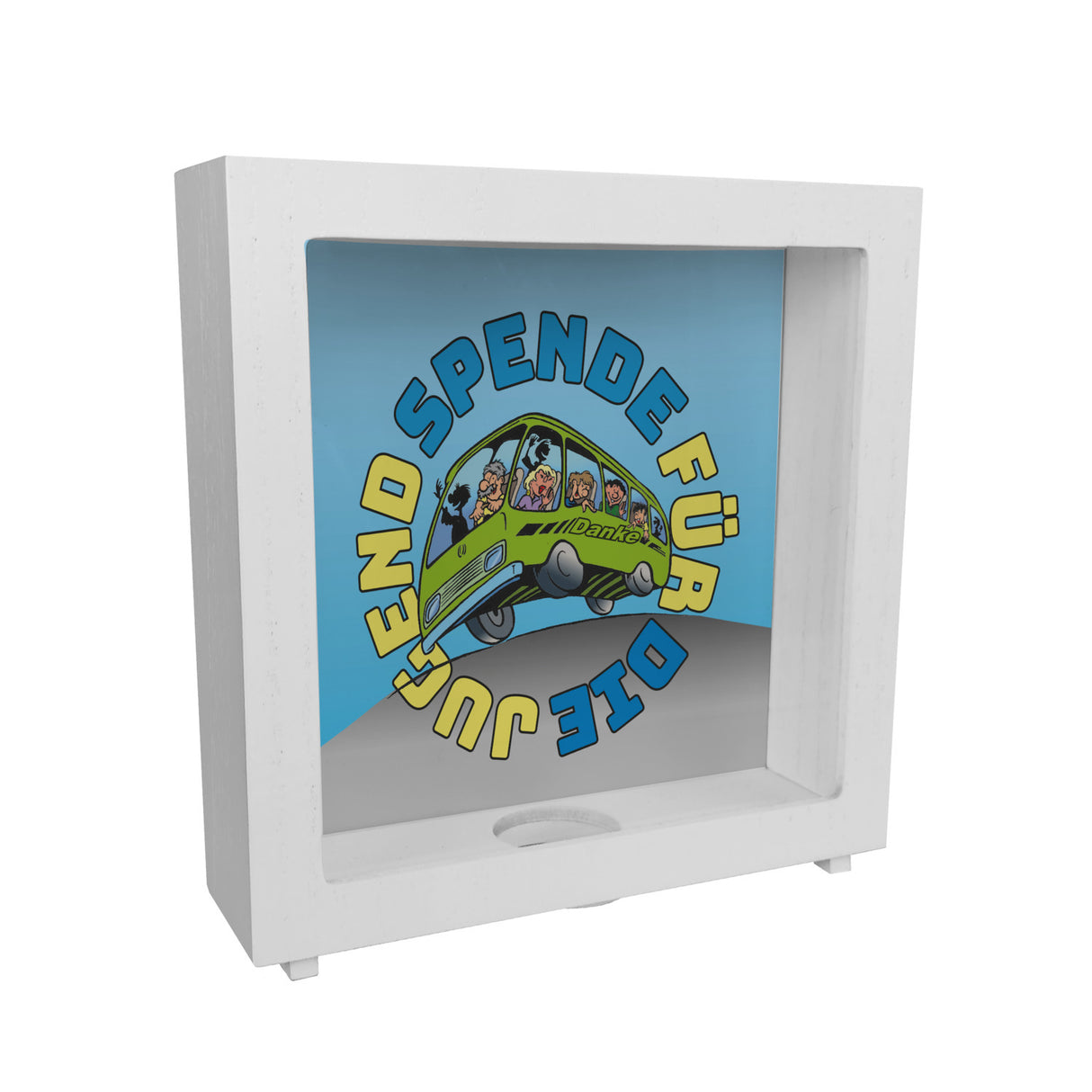 Omnibus Spardose mit Spruch: Spende für die Jugend. Danke