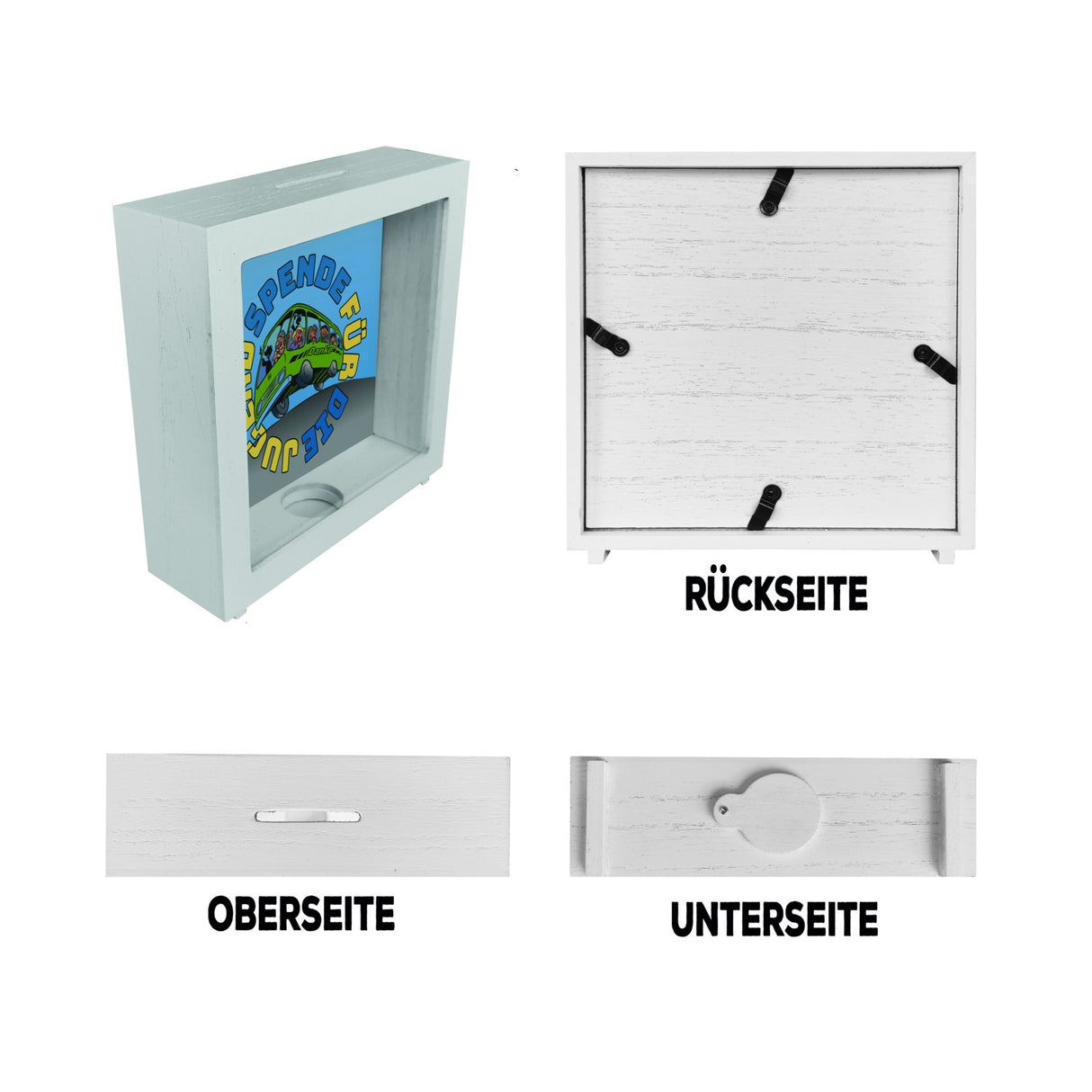 Omnibus Spardose mit Spruch: Spende für die Jugend. Danke