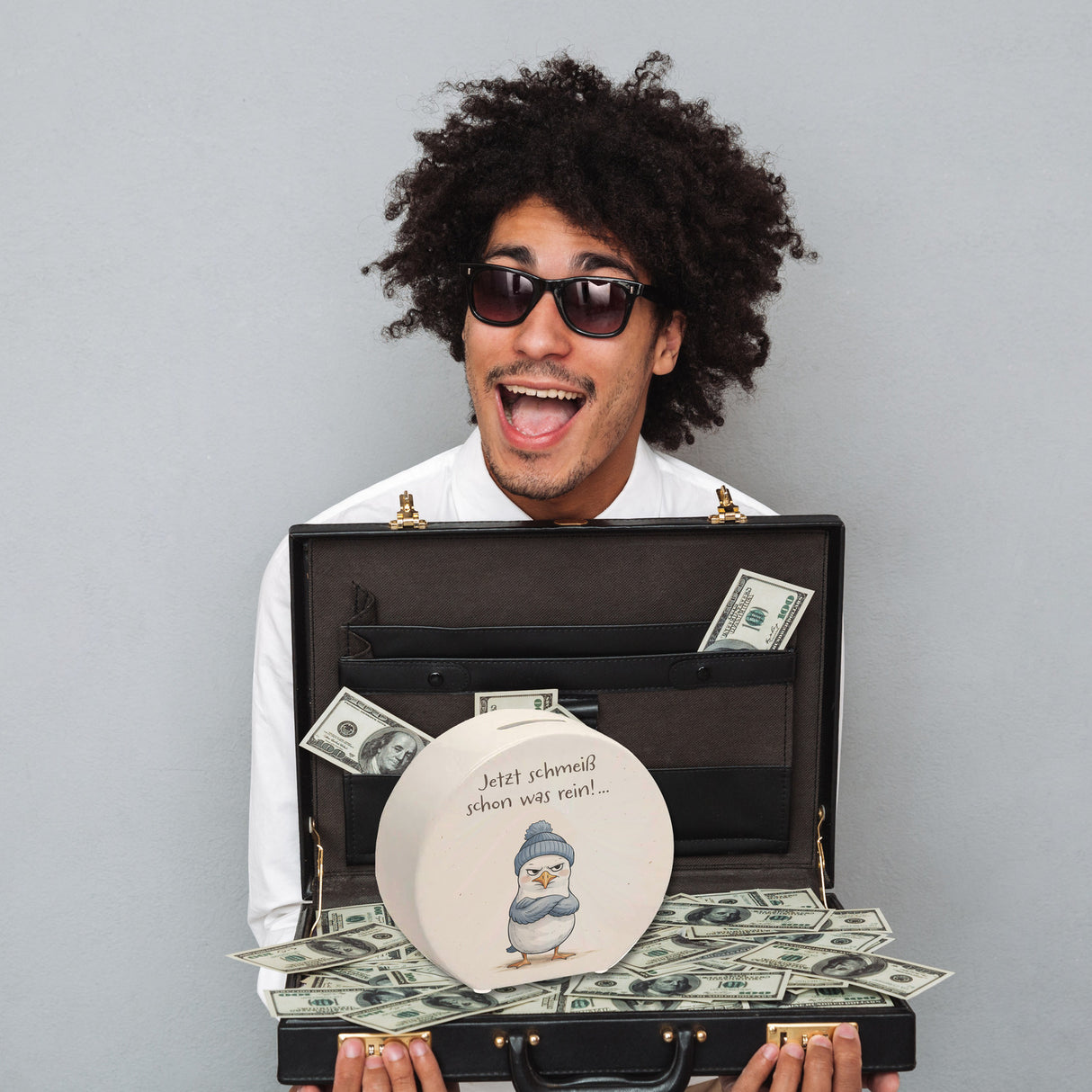 böse schauende Möwe mit Mütze Spardose Jetzt schmeiß rein