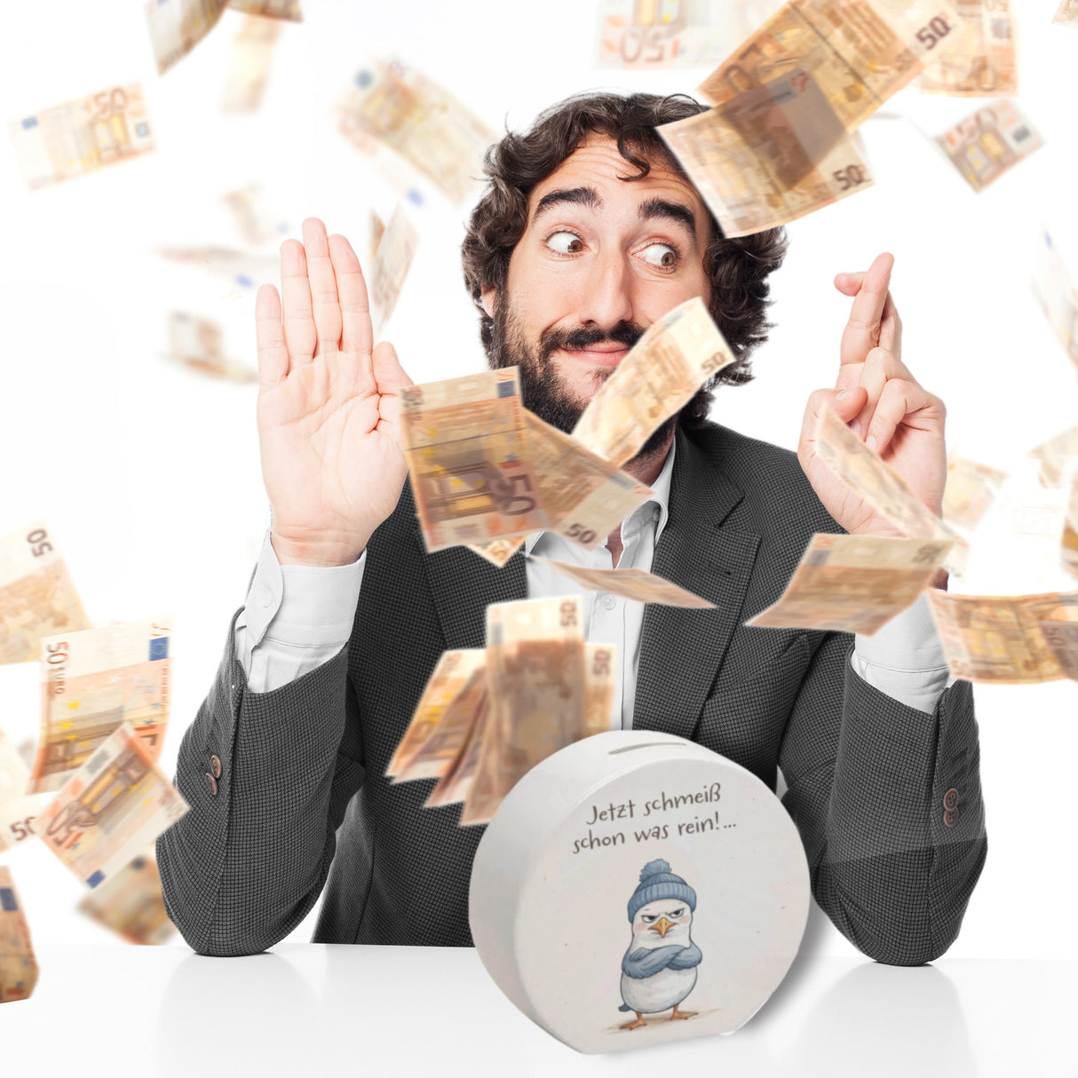 böse schauende Möwe mit Mütze Spardose Jetzt schmeiß rein