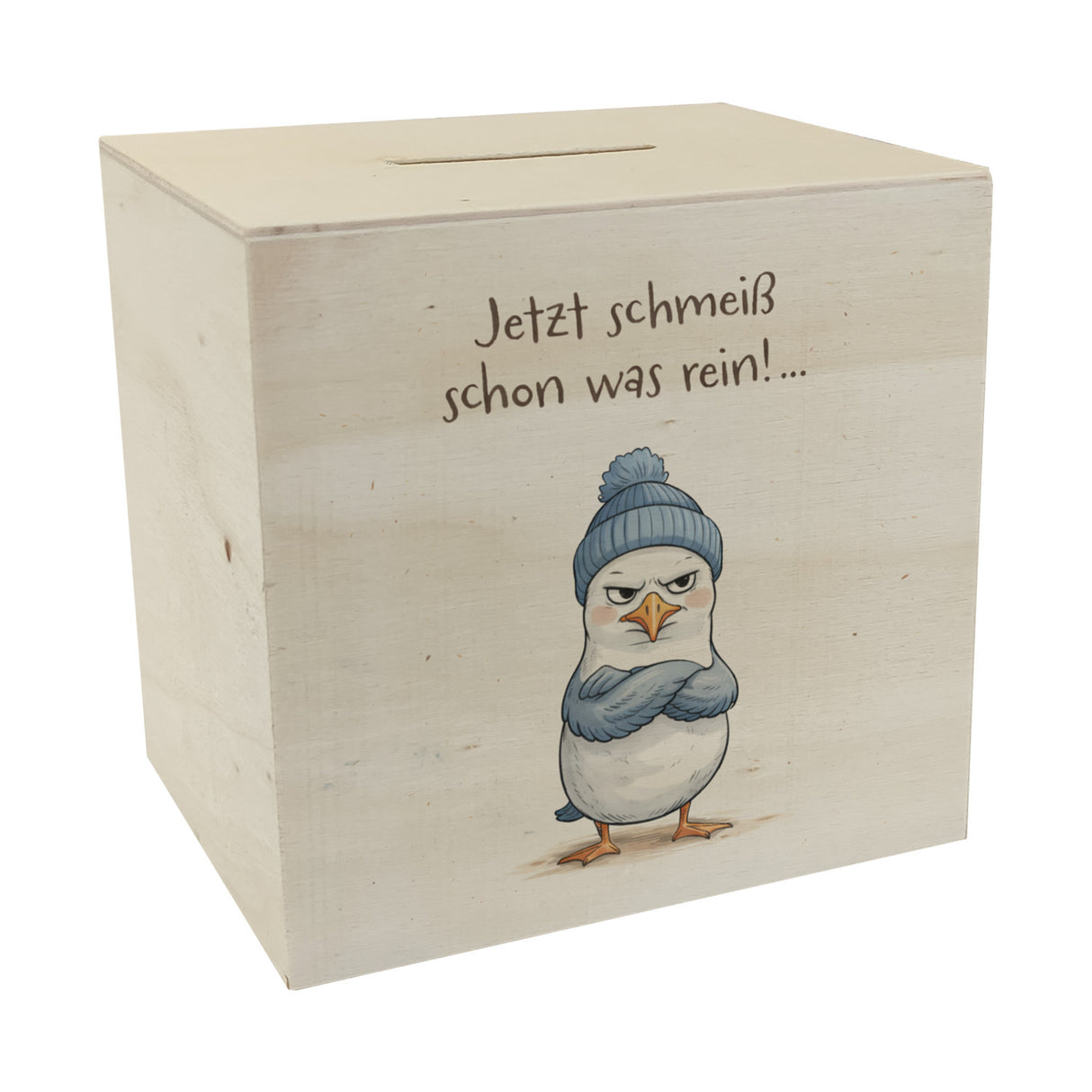 böse schauende Möwe mit Mütze Spardose Jetzt schmeiß rein