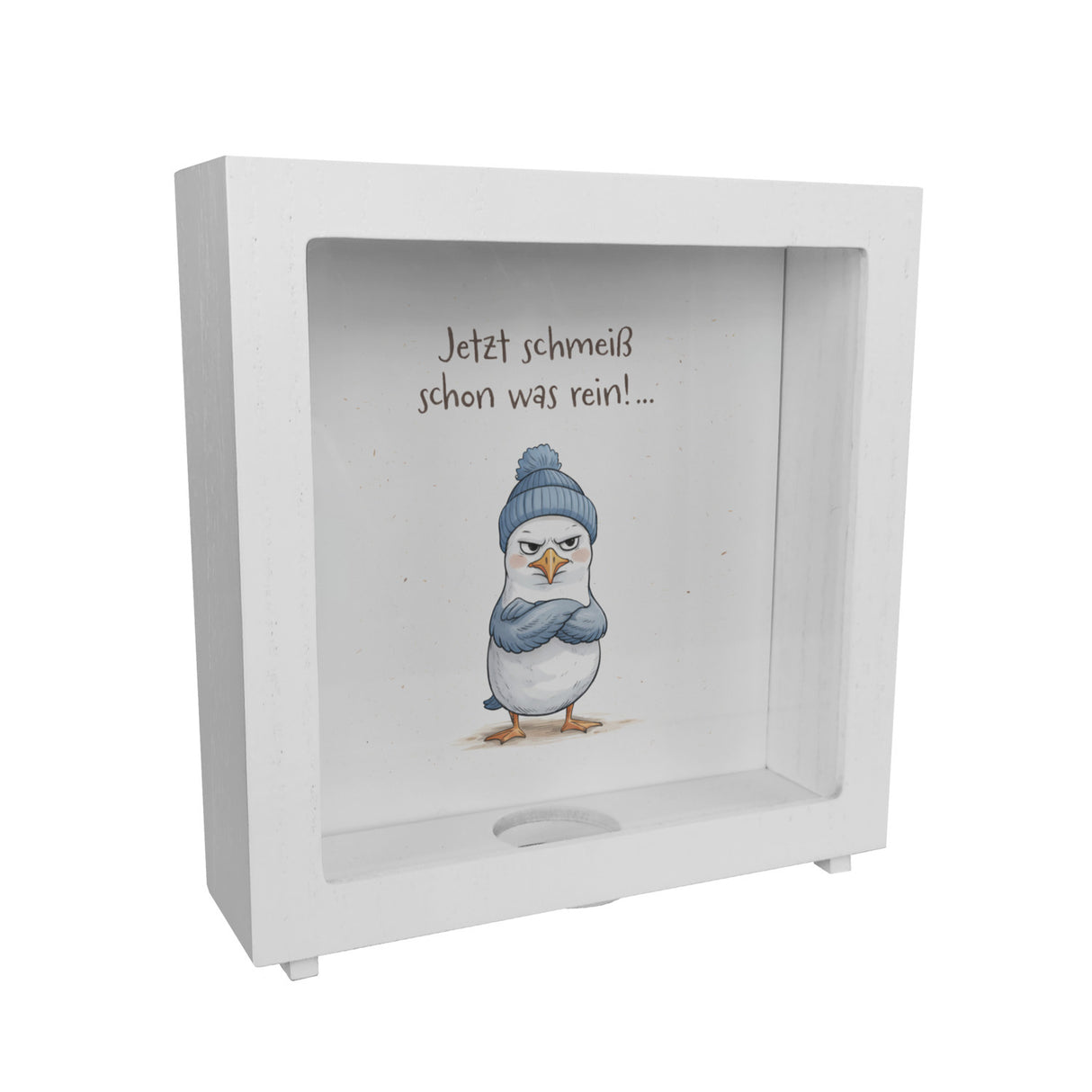 böse schauende Möwe mit Mütze Spardose Jetzt schmeiß rein