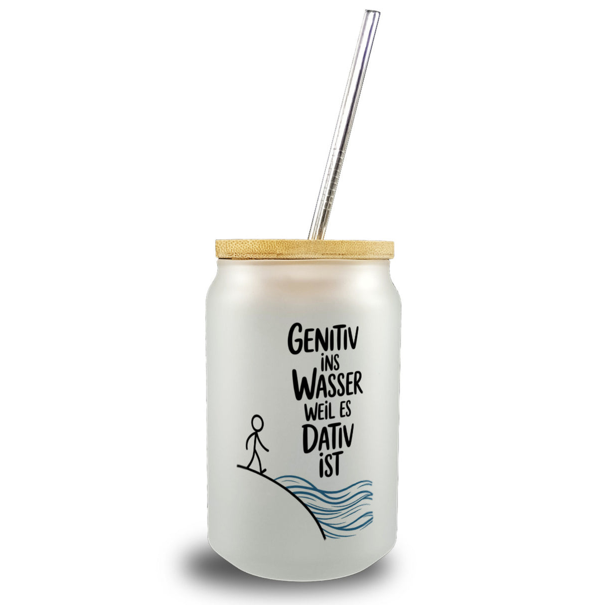 Genitiv ins Wasser, weil es Dativ ist Trinkglas mit Bambusdeckel Grammatik Witz