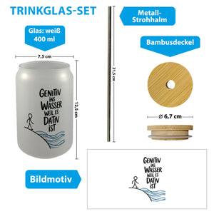 Genitiv ins Wasser, weil es Dativ ist Trinkglas mit Bambusdeckel Grammatik Witz