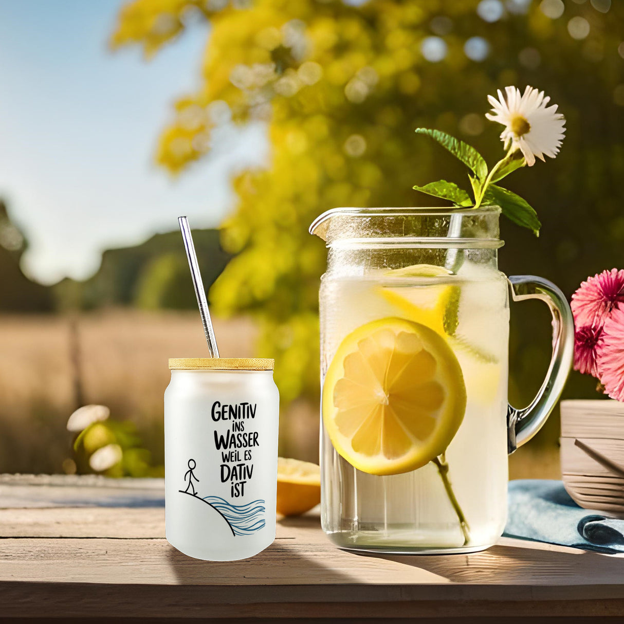 Genitiv ins Wasser, weil es Dativ ist Trinkglas mit Bambusdeckel Grammatik Witz