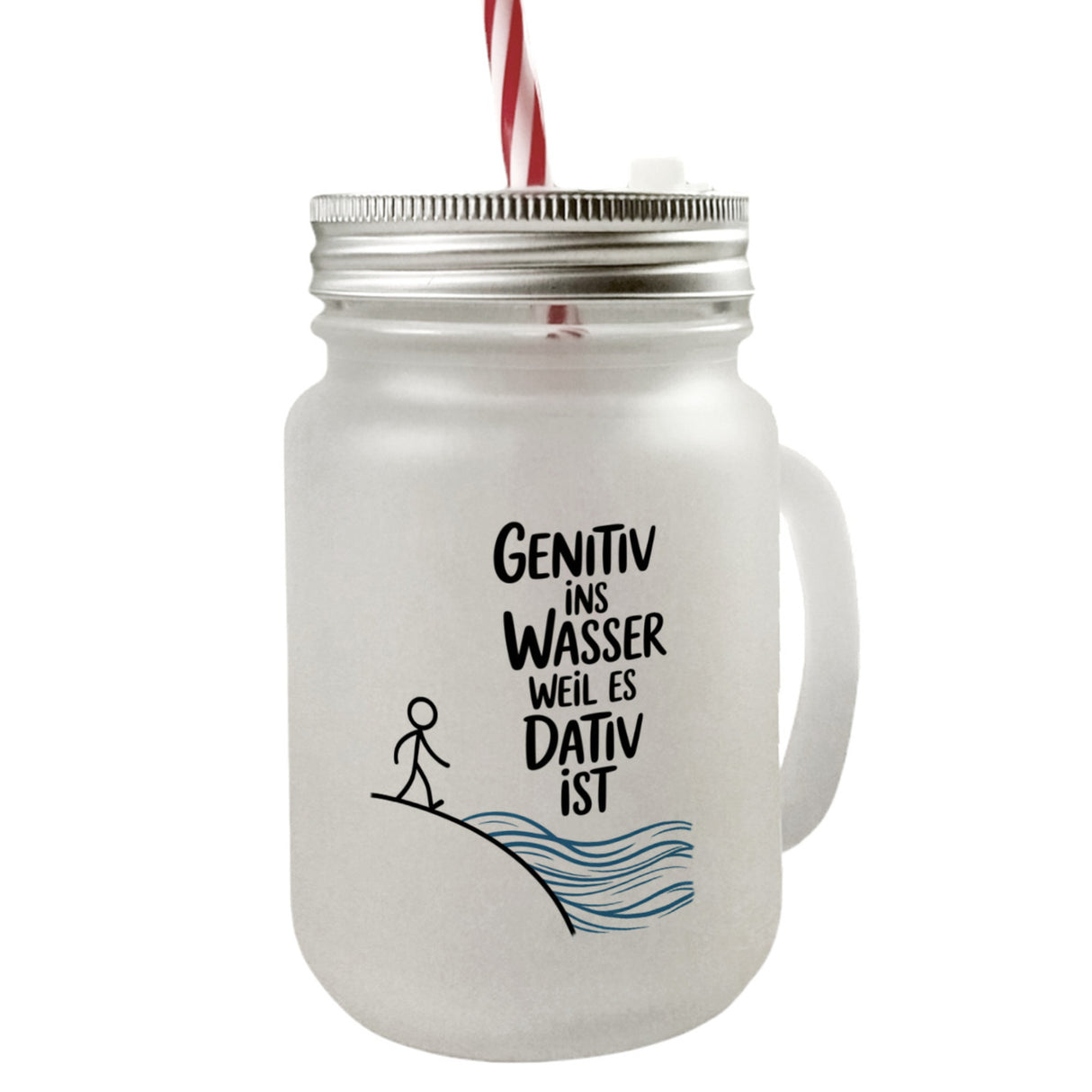 Genitiv ins Wasser, weil es Dativ ist Trinkglas mit Bambusdeckel Grammatik Witz