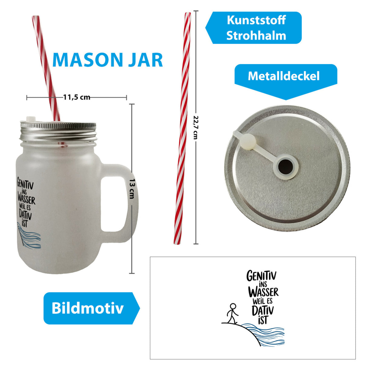 Genitiv ins Wasser, weil es Dativ ist Trinkglas mit Bambusdeckel Grammatik Witz