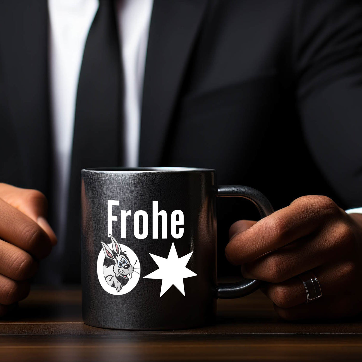 Osterhase Tasse in Schwarz mit Spruch: Frohe Ostern