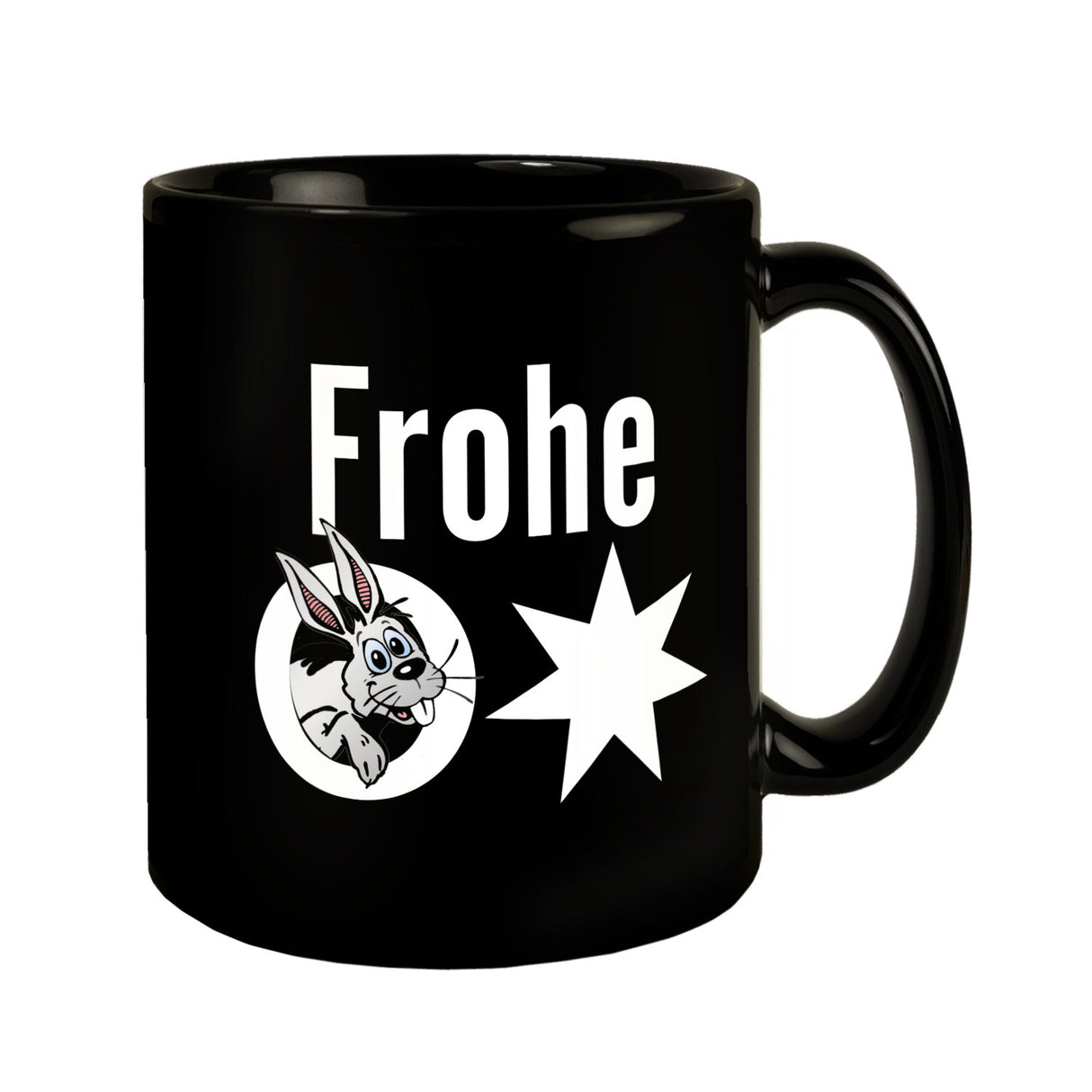 Osterhase Tasse in Schwarz mit Spruch: Frohe Ostern