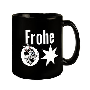 Osterhase Tasse in Schwarz mit Spruch: Frohe Ostern
