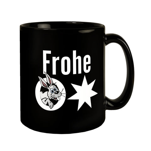 Osterhase Tasse in Schwarz mit Spruch: Frohe Ostern