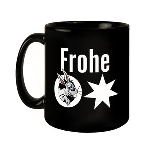 Osterhase Tasse in Schwarz mit Spruch: Frohe Ostern