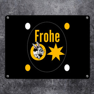 Osterhase Metallschild in 15x20 cm mit Spruch: Frohe Ostern