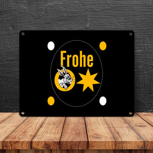 Osterhase Metallschild in 15x20 cm mit Spruch: Frohe Ostern