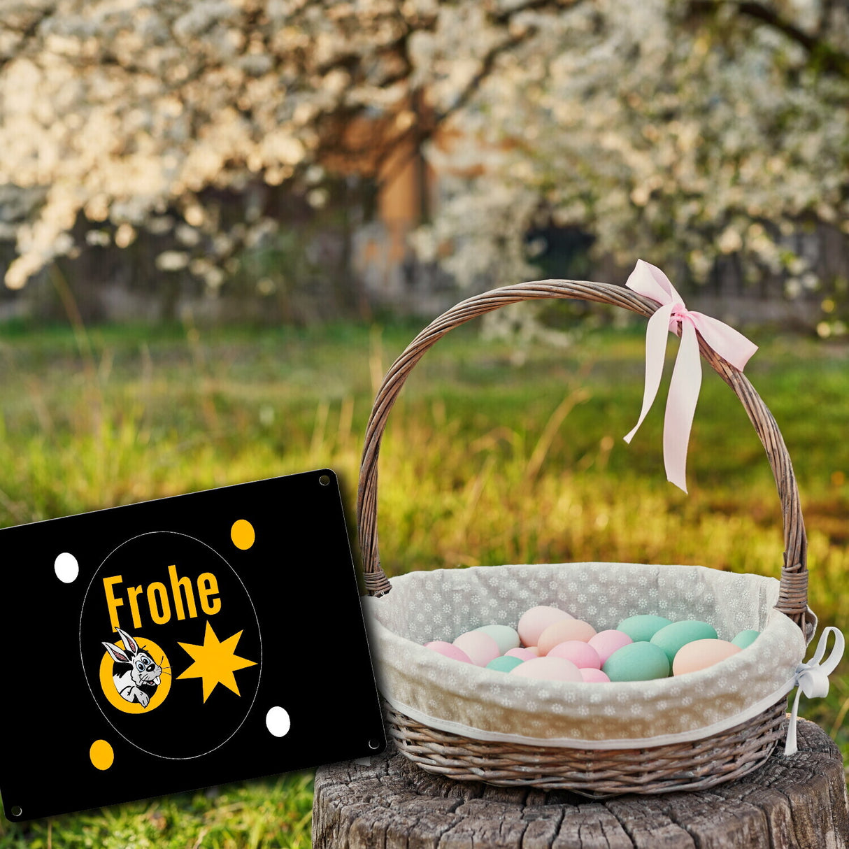 Osterhase Metallschild in 15x20 cm mit Spruch: Frohe Ostern