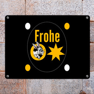 Osterhase Metallschild in 15x20 cm mit Spruch: Frohe Ostern