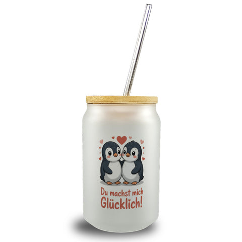 Kawaii Pinguine - Du machst mich glücklich Trinkglas mit Bambusdeckel