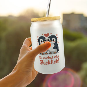 Kawaii Pinguine - Du machst mich glücklich Trinkglas mit Bambusdeckel