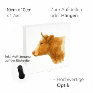 Kuhporträts Kuhkopf Aquarell Holzbild in 10x10 cm zum Stellen oder Aufhängen