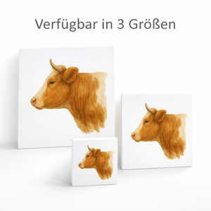 Kuhporträts Kuhkopf Aquarell Holzbild in 10x10 cm zum Stellen oder Aufhängen