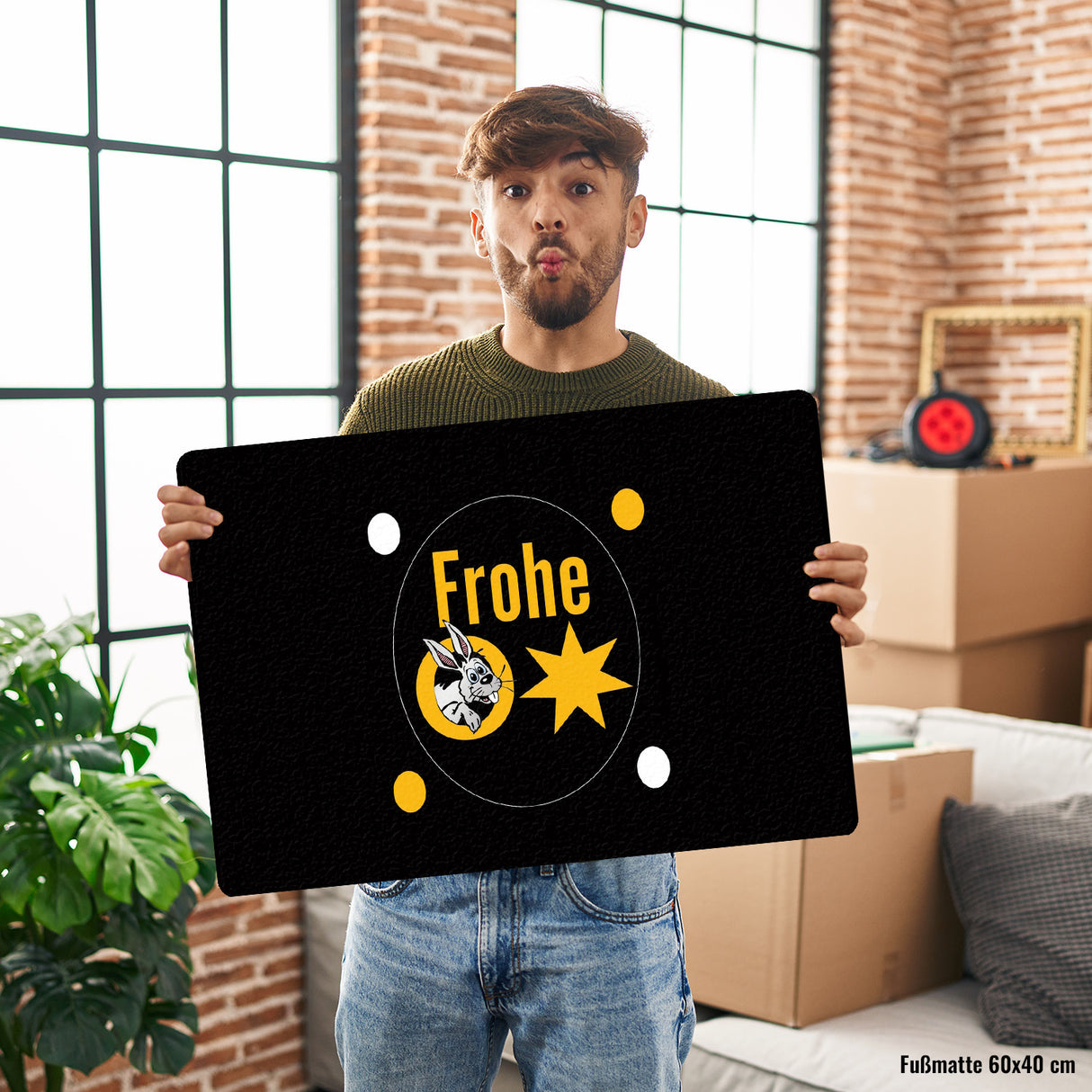 Osterhase Fußmatte in 35x50 cm ohne Rand mit Spruch: Frohe Ostern