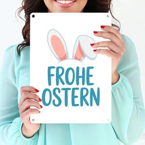 Frohe Ostern Metallschild in 15x20 cm mit niedlichen Hasenohren