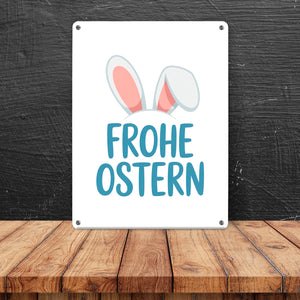 Frohe Ostern Metallschild in 15x20 cm mit niedlichen Hasenohren