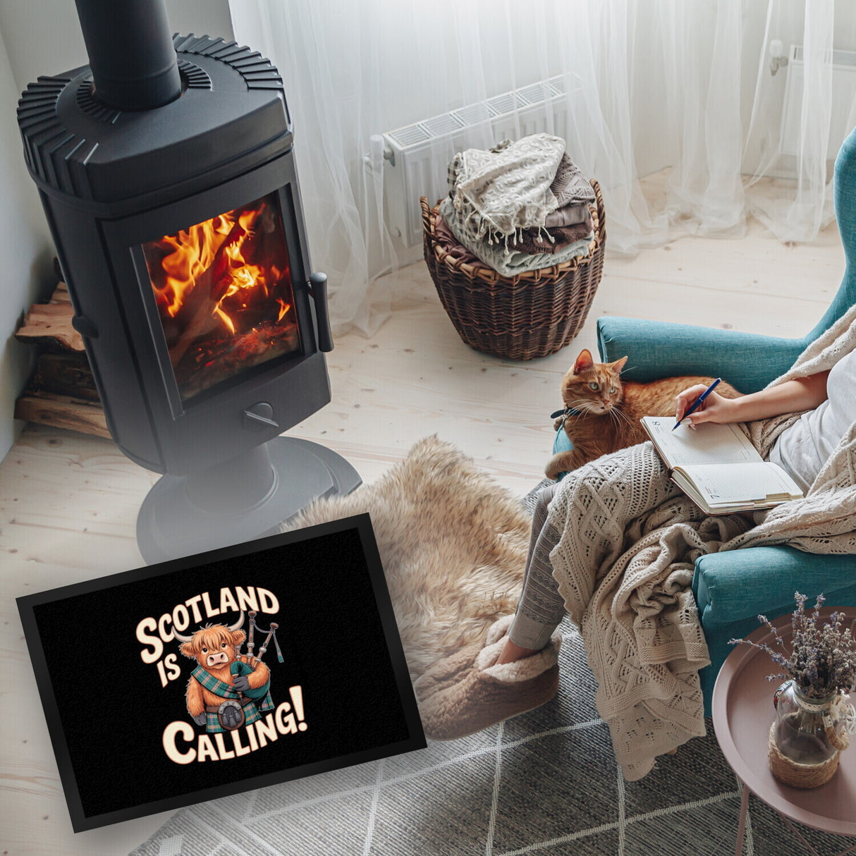 Scotland is calling! Fußmatte in 35x50 cm mit Highland-Kuh-Motiv