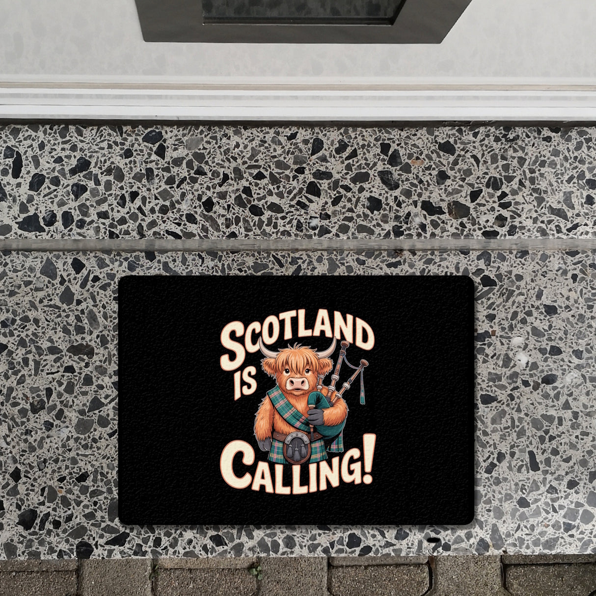 Scotland is calling! Fußmatte in 35x50 cm ohne Rand mit Highland-Kuh-Motiv