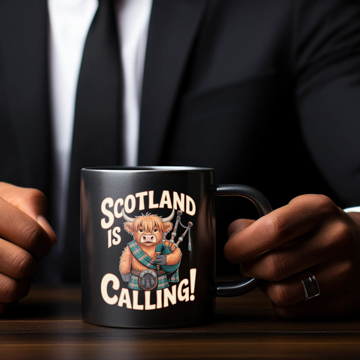 Scotland is calling! Tasse mit Highland-Kuh-Motiv