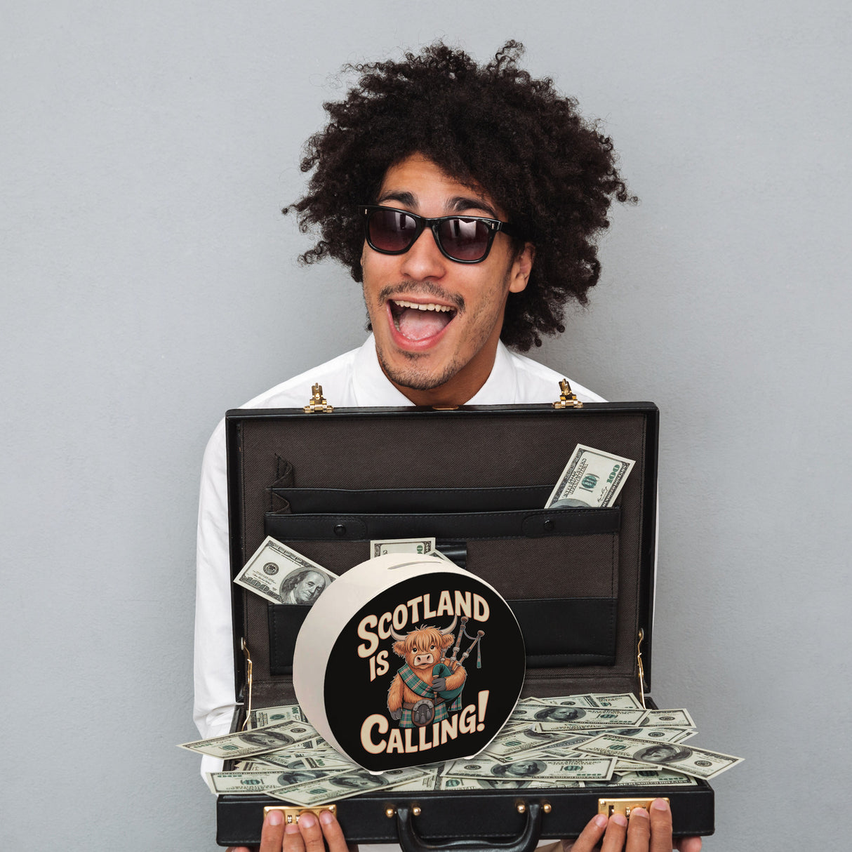 Scotland is calling! Spardose mit Highland-Kuh-Motiv