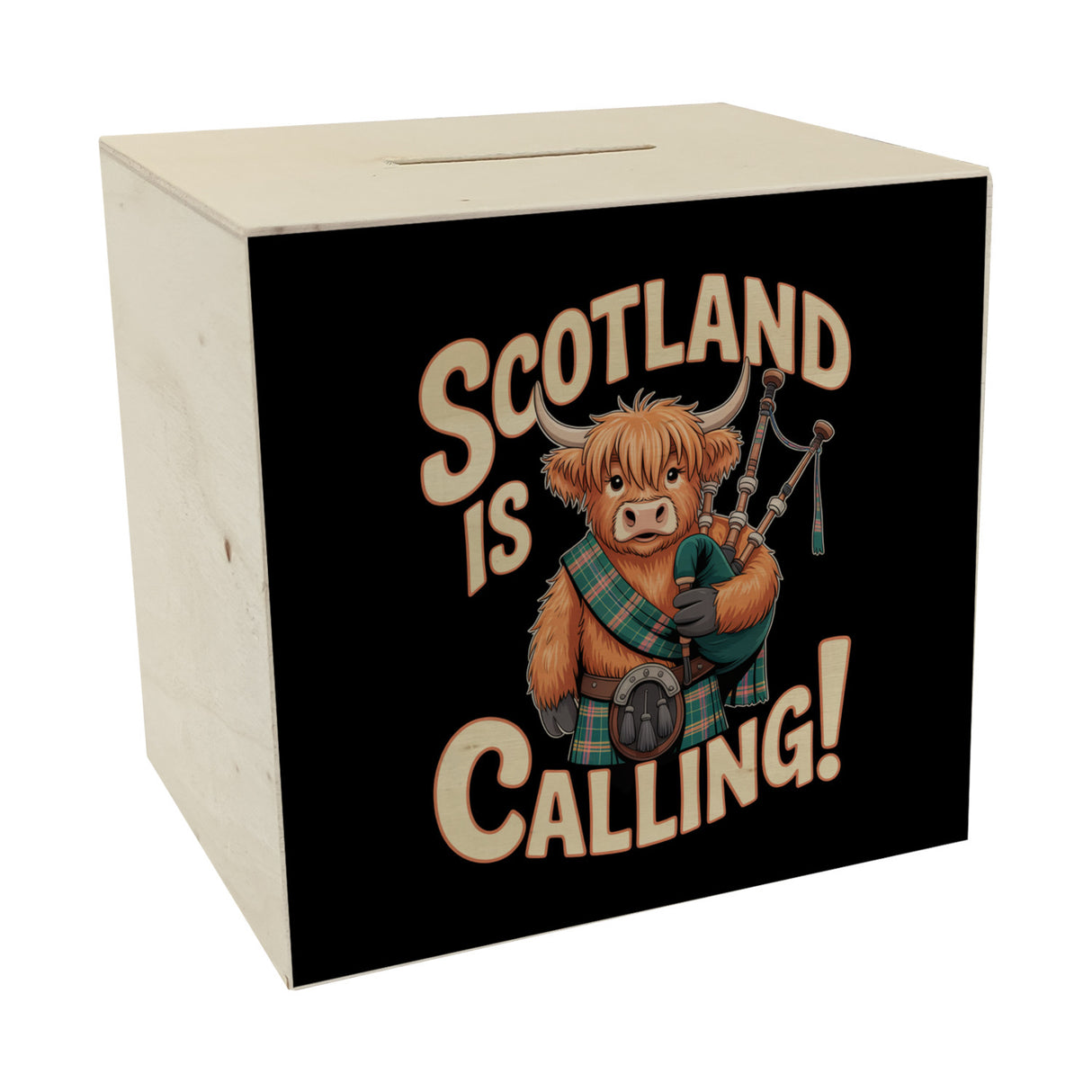 Scotland is calling! Spardose mit Highland-Kuh-Motiv