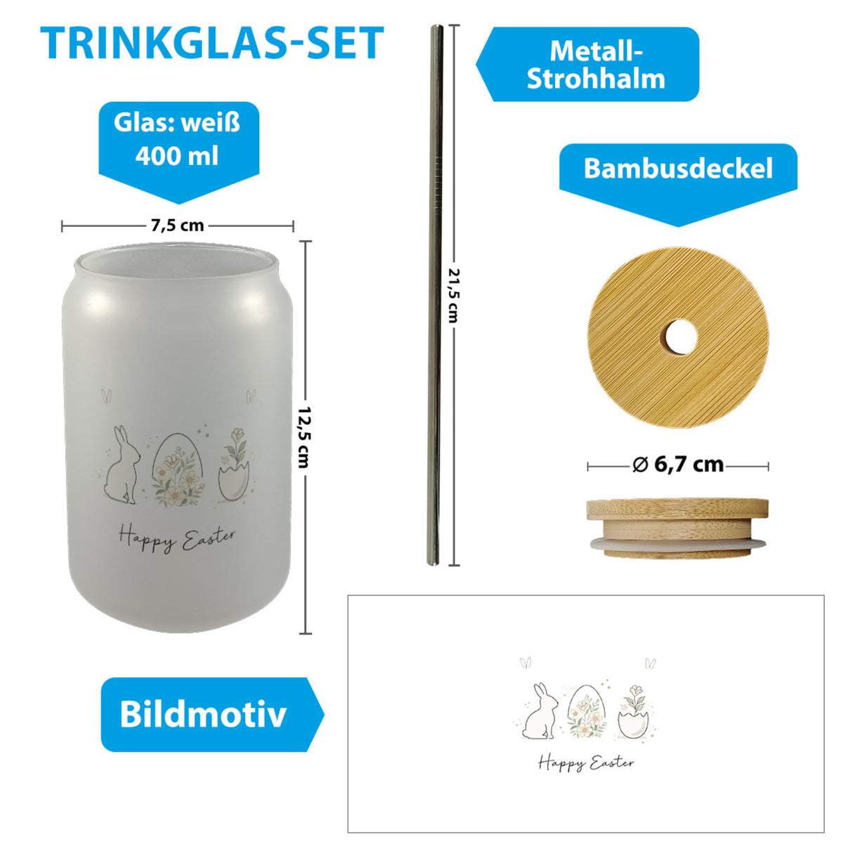 Happy Easter Trinkglas mit Bambusdeckel mit Hase Ei Design