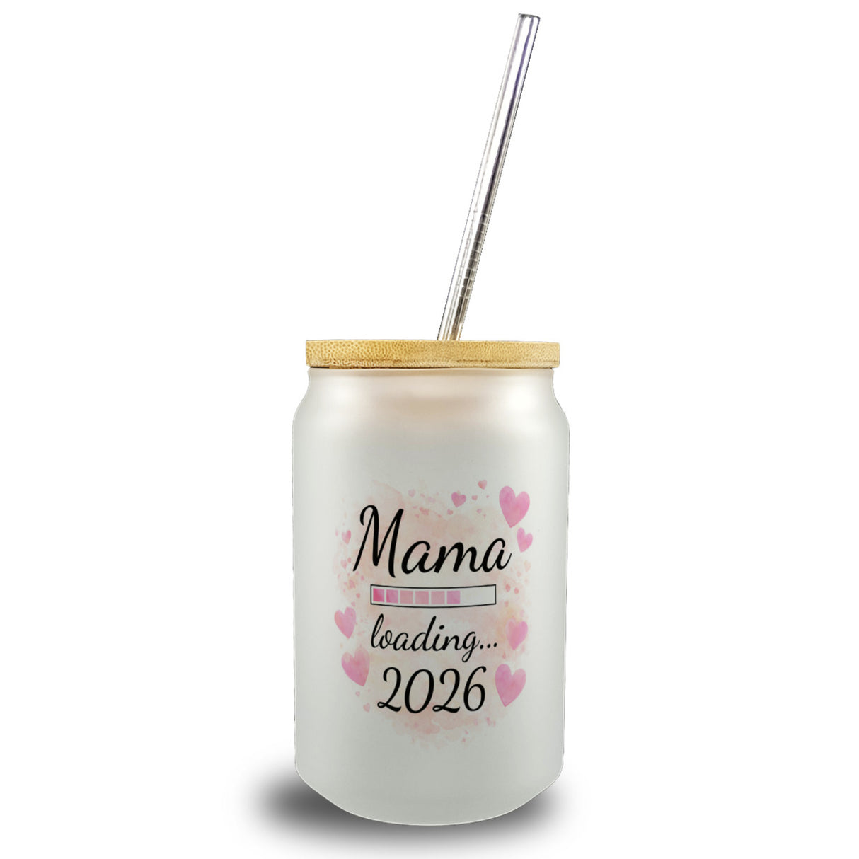 Rosa Herzen Mama Trinkglas mit Bambusdeckel - Mama loading... 2026