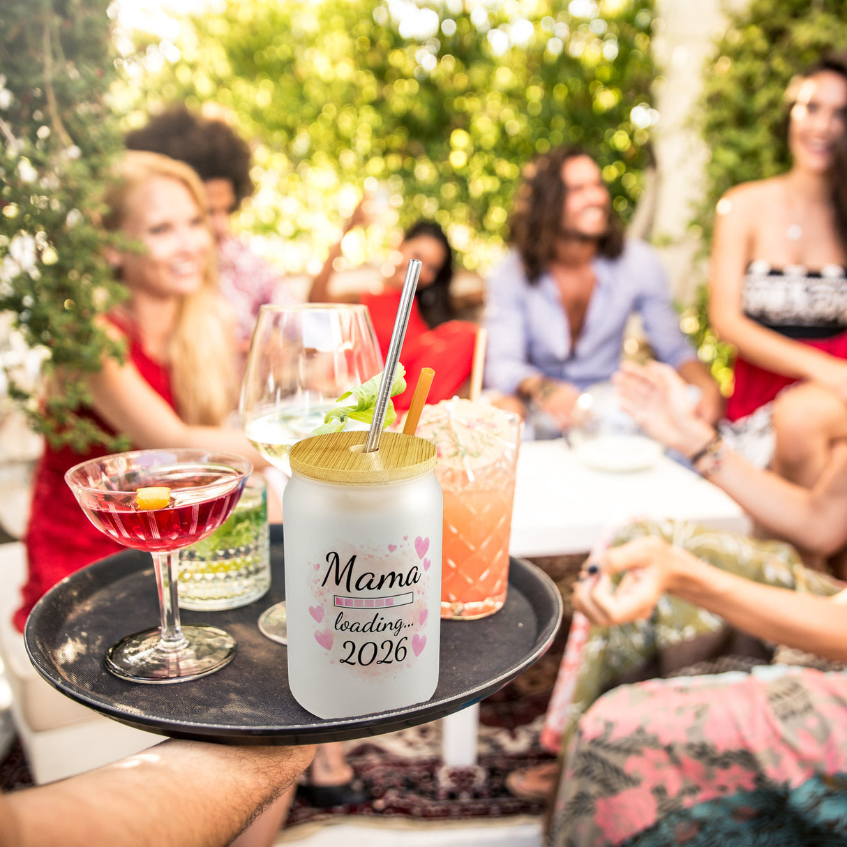 Rosa Herzen Mama Trinkglas mit Bambusdeckel - Mama loading... 2026