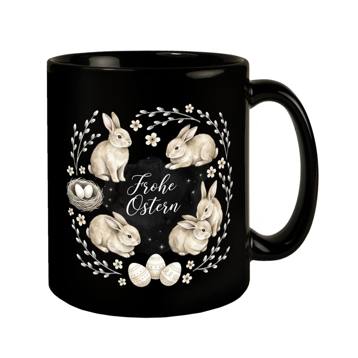 Frohe Ostern Kaffeebecher Haselnussfarbene Kaninchen mit Nest