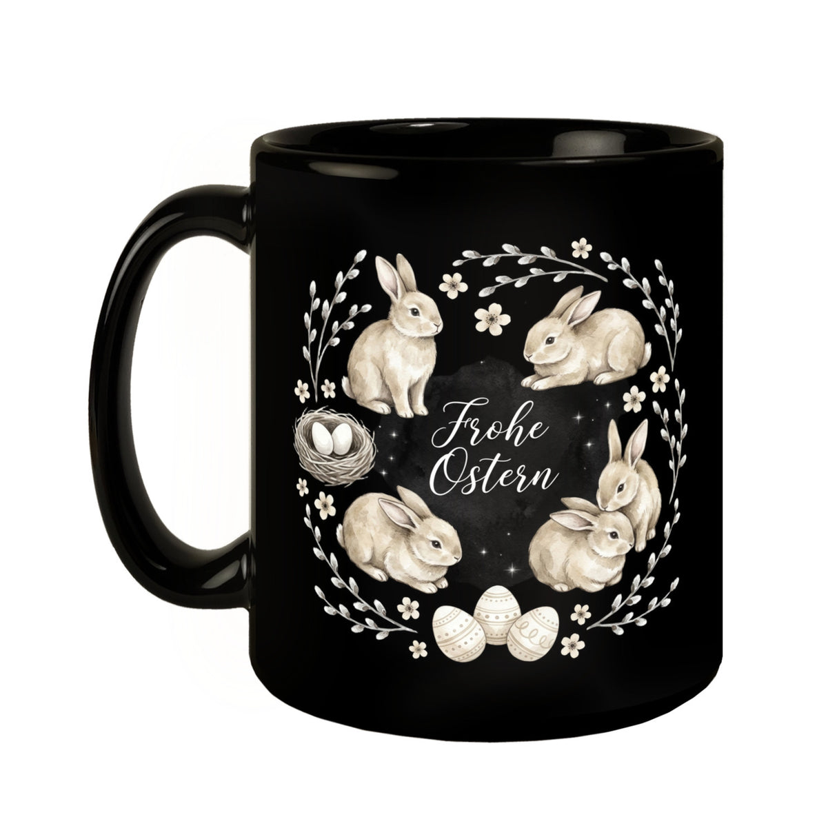 Frohe Ostern Kaffeebecher Haselnussfarbene Kaninchen mit Nest