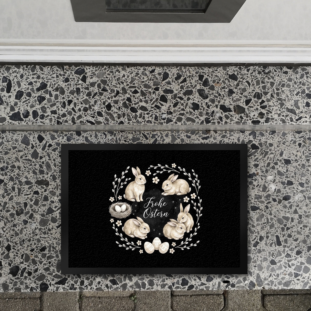 Frohe Ostern Fußmatte in 35x50 cm Haselnussfarbene Kaninchen mit Nest