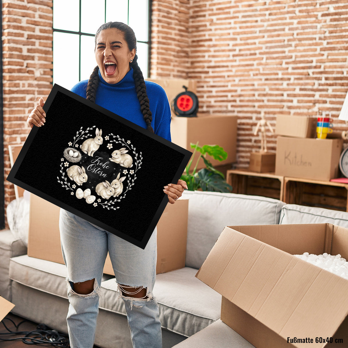 Frohe Ostern Fußmatte in 35x50 cm Haselnussfarbene Kaninchen mit Nest