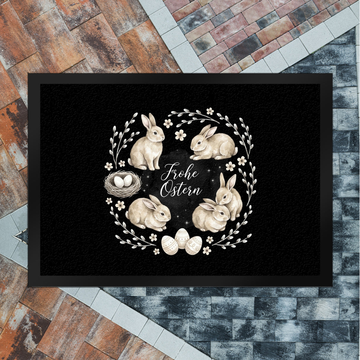 Frohe Ostern Fußmatte in 35x50 cm Haselnussfarbene Kaninchen mit Nest