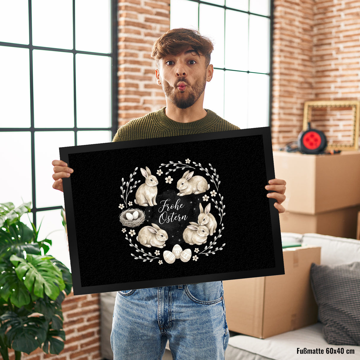 Frohe Ostern Fußmatte in 35x50 cm Haselnussfarbene Kaninchen mit Nest