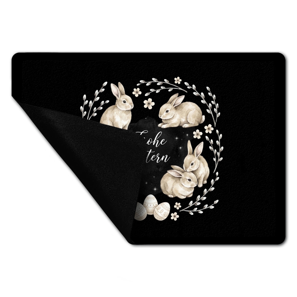 Frohe Ostern Fußmatte in 35x50 cm ohne Rand Haselnussfarbene Kaninchen mit Nest