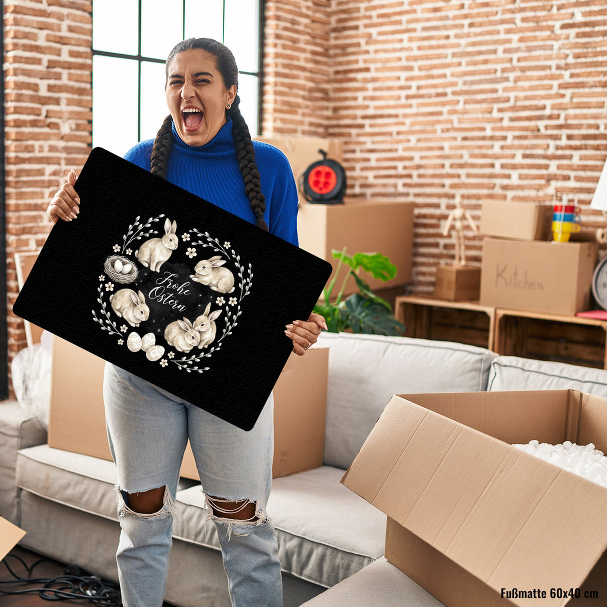 Frohe Ostern Fußmatte in 35x50 cm ohne Rand Haselnussfarbene Kaninchen mit Nest