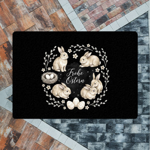 Frohe Ostern Fußmatte in 35x50 cm ohne Rand Haselnussfarbene Kaninchen mit Nest