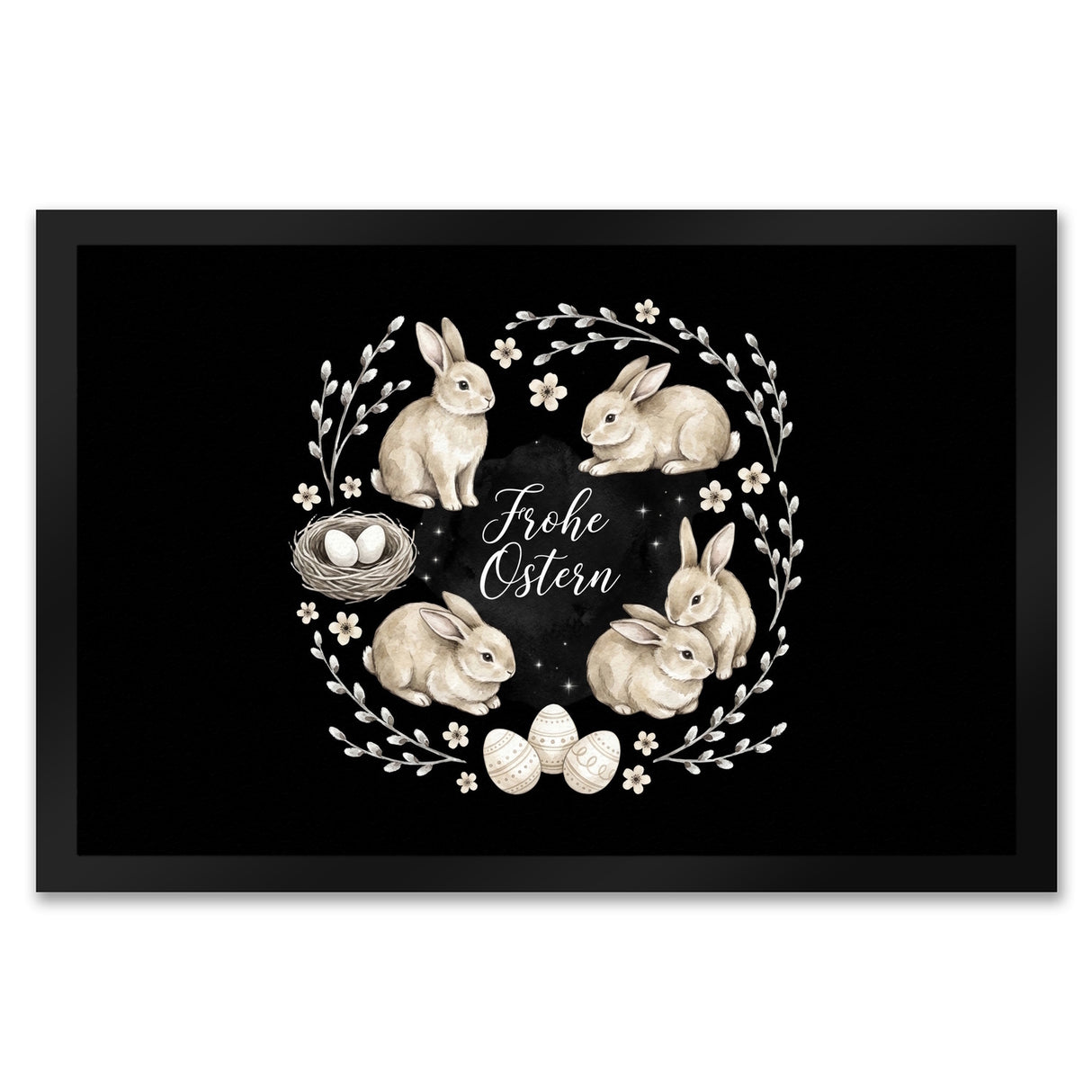 Frohe Ostern Fußmatte in 35x50 cm Haselnussfarbene Kaninchen mit Nest