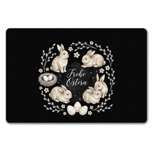 Frohe Ostern Fußmatte in 35x50 cm ohne Rand Haselnussfarbene Kaninchen mit Nest