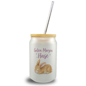 Schlafender Hase Guten Morgen Trinkglas mit Bambusdeckel